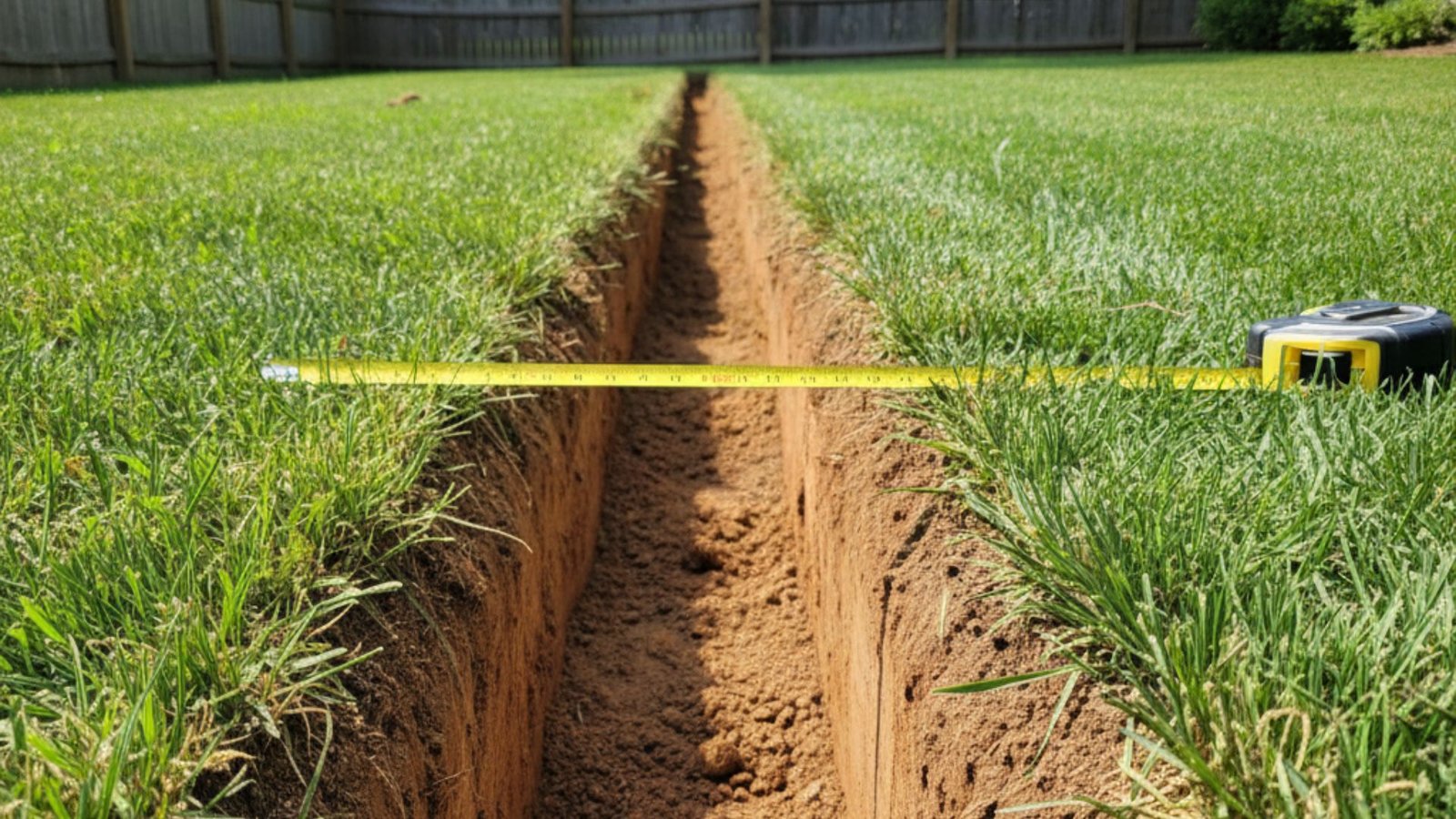 Close-up of excavated French drain trench in Connecticut lawn showing soil walls and depth