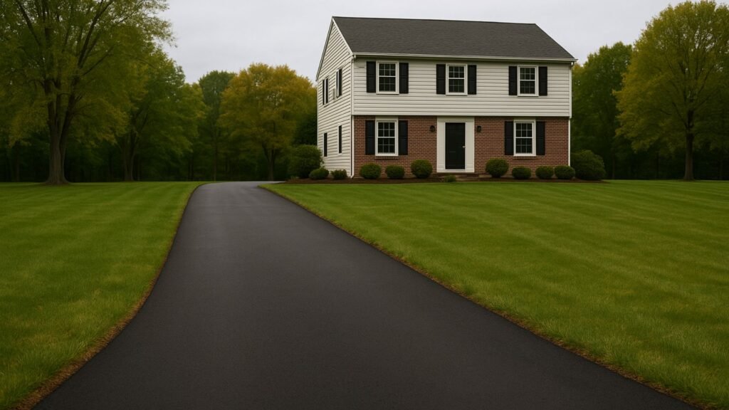 Offset asphalt driveway approaching brick-accented CT colonial