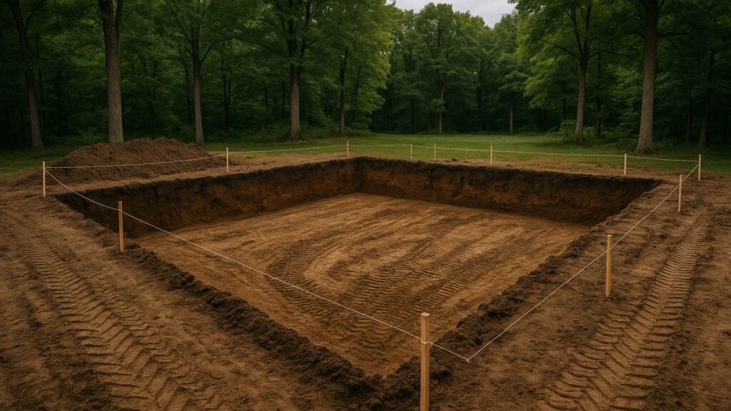 Newly excavated foundation pit with survey stakes and string lines, surrounded by mature trees