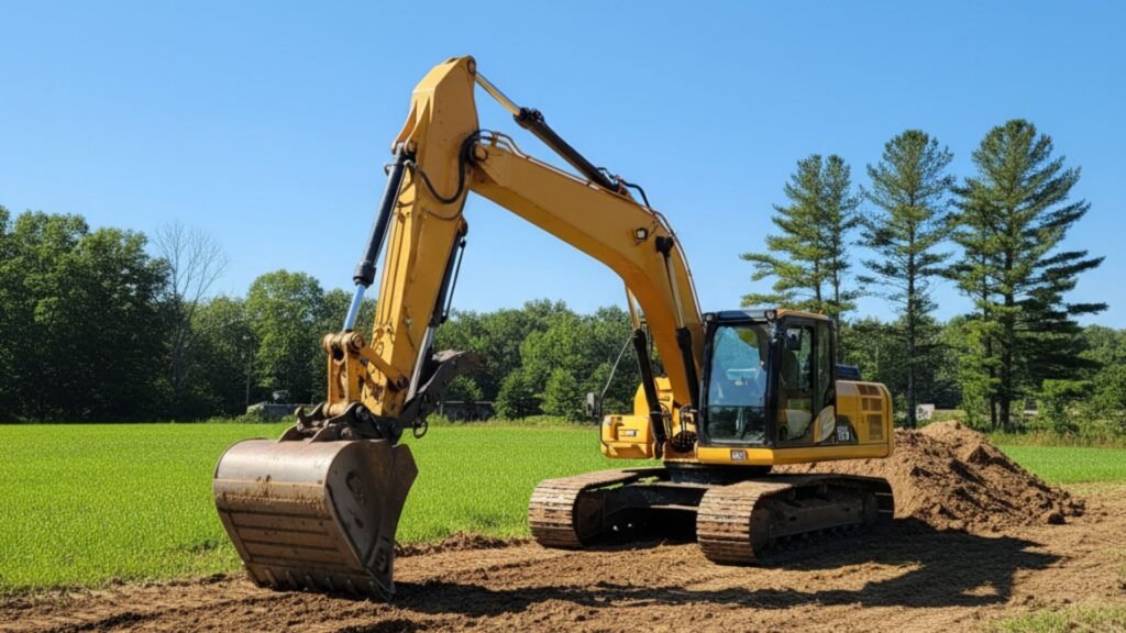 Complete view of yellow excavator with boom and bucket on Oakville Connecticut worksite
