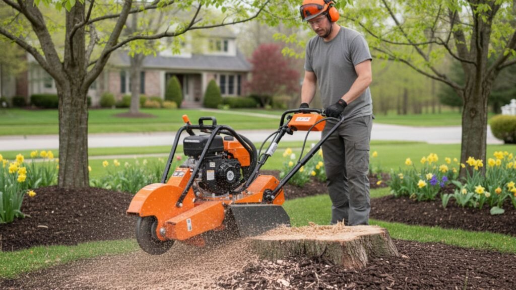 Orange stump grinder in Connecticut garden bed removing cherry stump among landscaping