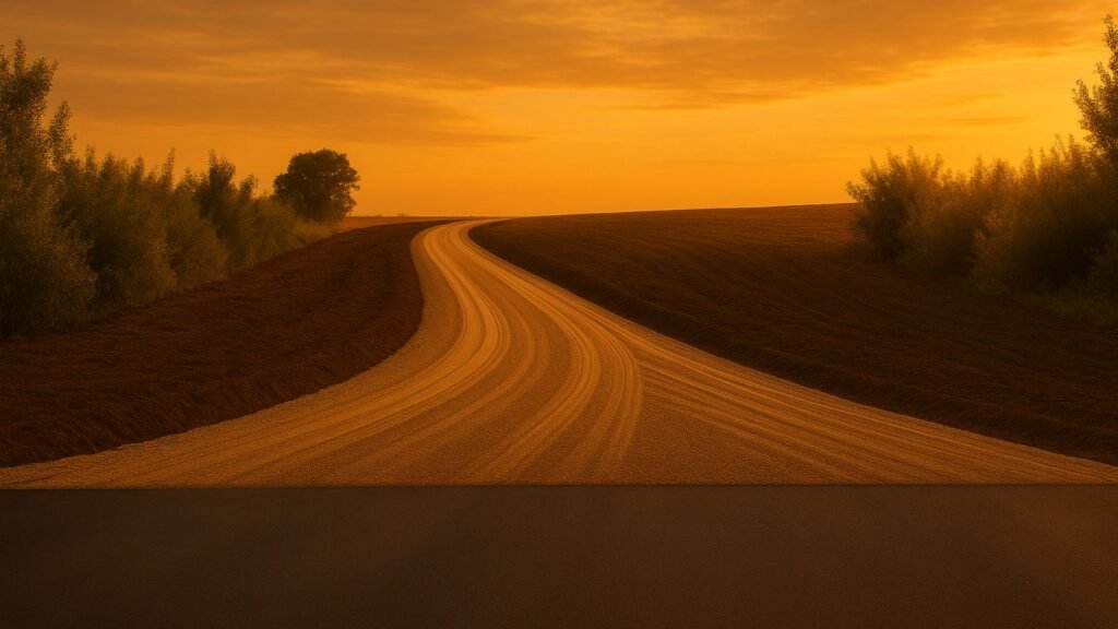 Freshly graded tan gravel driveway curving uphill from a dark grey asphalt road during golden hour in a rural landscape.