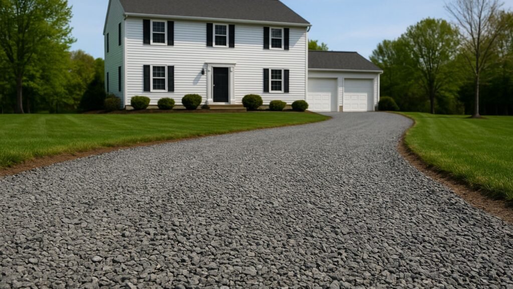 Gravel base layer spread and leveled for driveway paving preparation in Connecticut residential area
