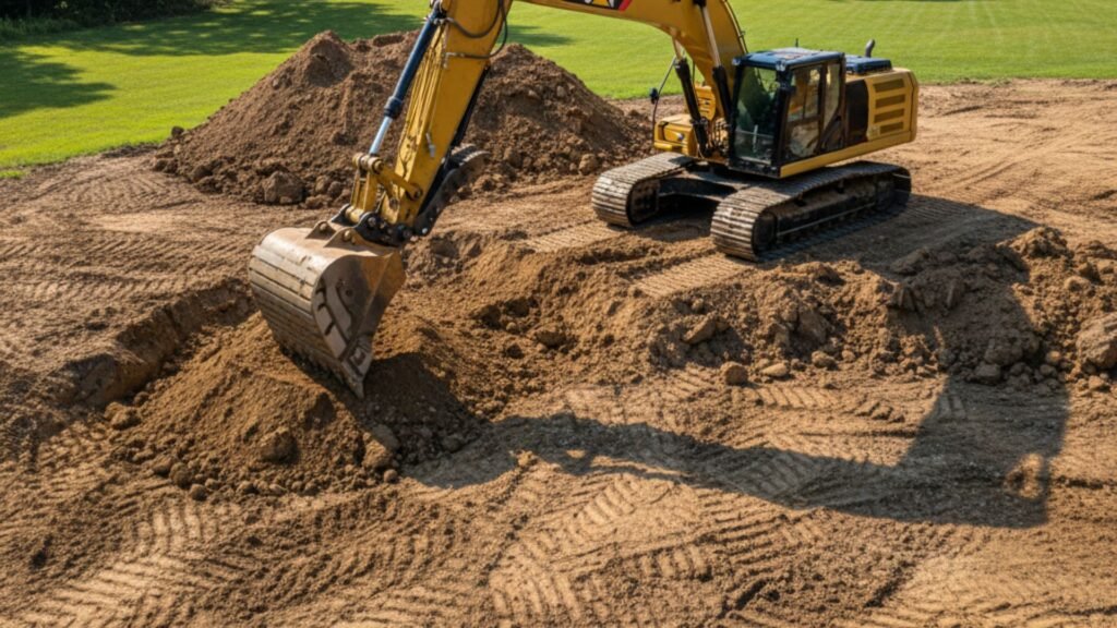 Heavy duty excavator at work on excavation site in Oakville CT with lawn background