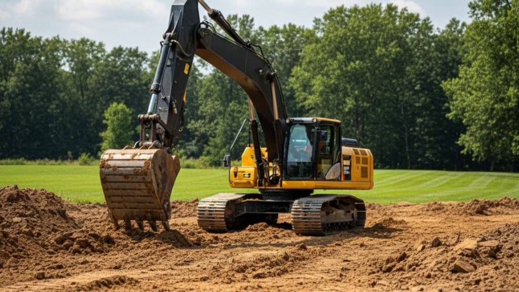 Heavy duty excavator at work on excavation site in Prospect CT with lawn background