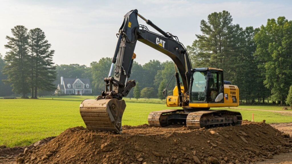 Heavy excavator on dirt pile at residential construction site in Oakville CT