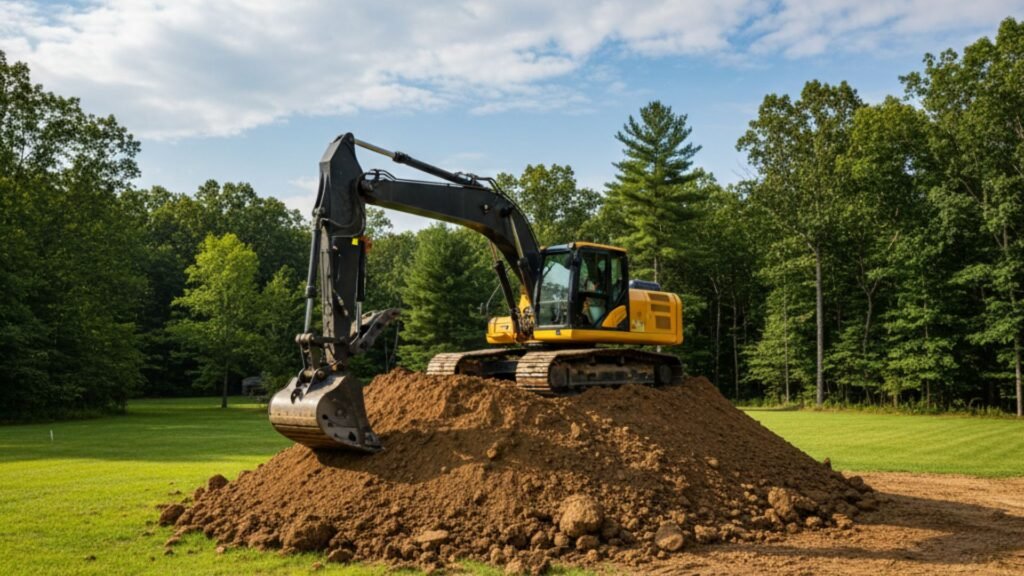 Heavy excavator on dirt pile at residential construction site in Prospect CT