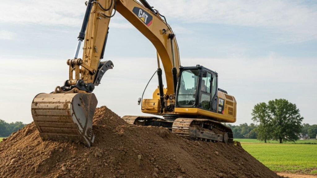 Heavy excavator on dirt pile at residential construction site in Naugatuck CT