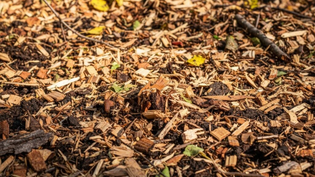 Close-up of fresh wood chips and mulch from forestry clearing operation