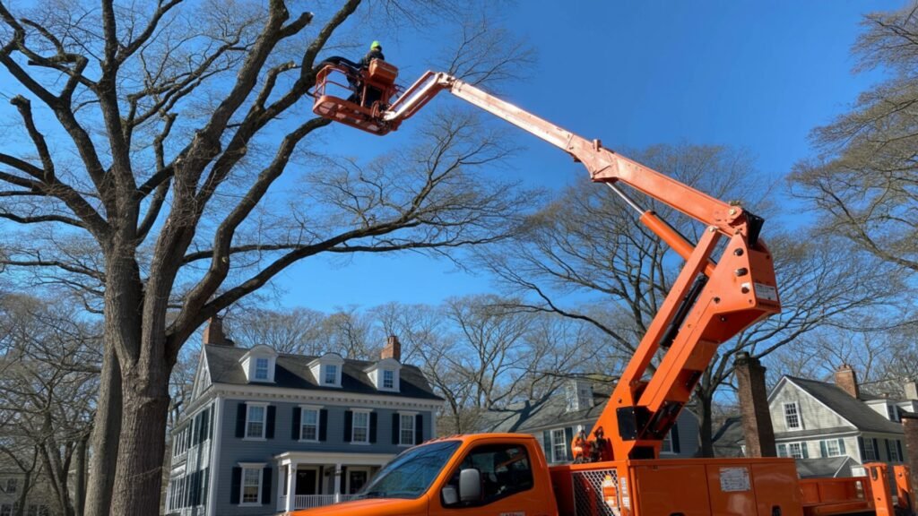 Orange boom lift raising a tree care worker into the branches of a tall deciduous tree near a gray colonial house