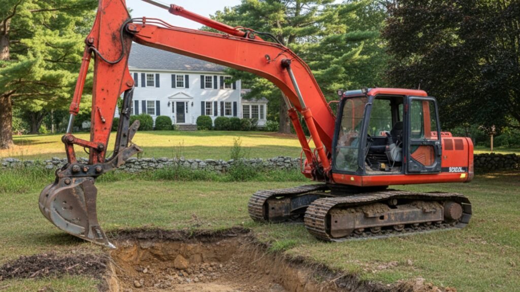 Excavation equipment setup at Colonial home project in Woodbury CT with pine trees