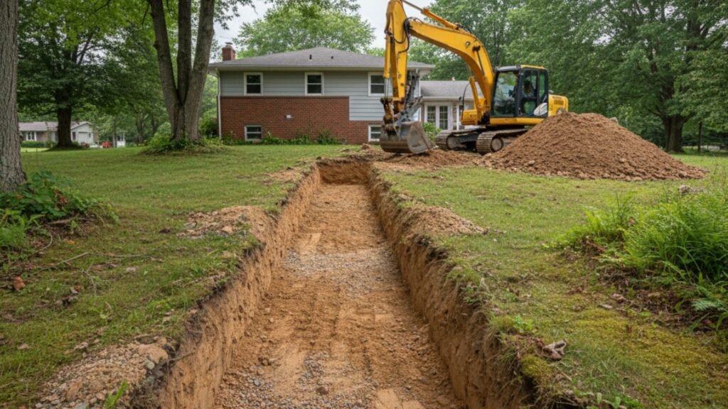 Retaining wall foundation excavation at Ranch house in Watertown CT with maple trees
