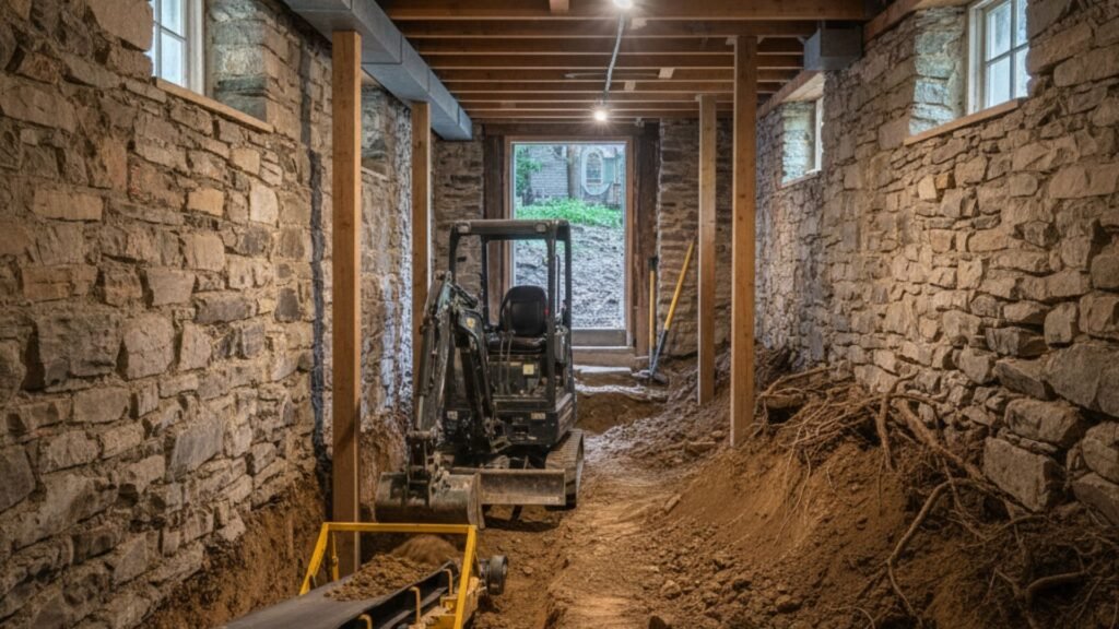 Basement underpinning excavation at historic Federal home in Southbury Connecticut