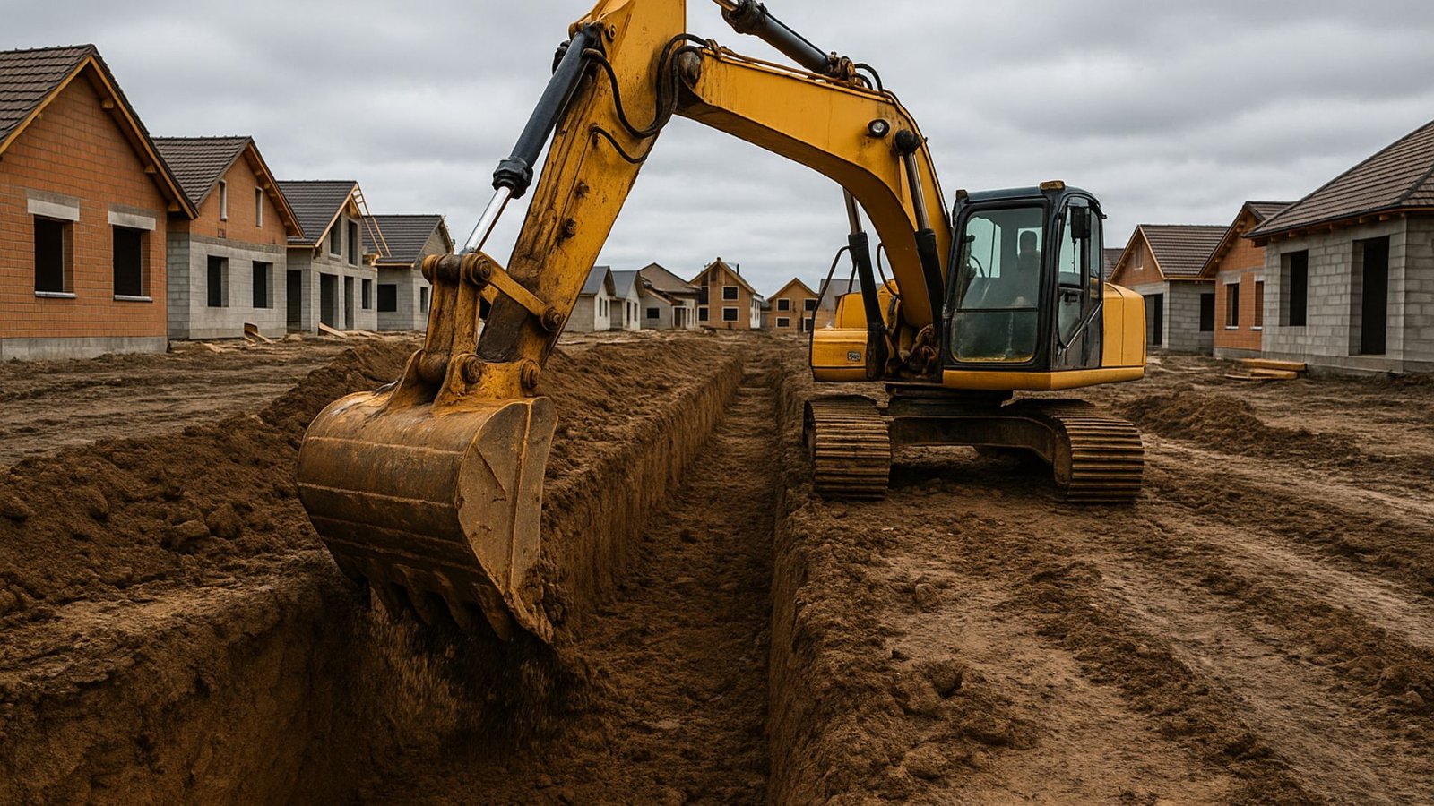 Hydraulic excavator arm scooping soil from narrow residential foundation trench