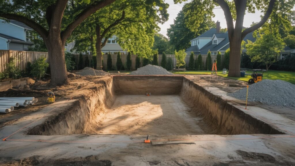 Rectangular excavated pit prepared for swimming pool installation in Connecticut residential yard