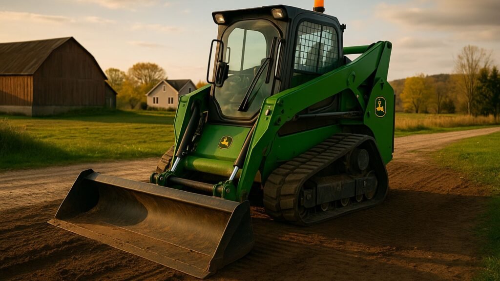 Green John Deere compact loader with grading blade on dirt driveway, rural property setting