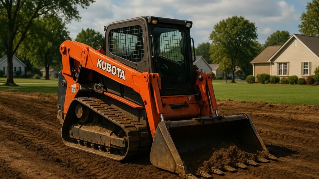 Orange Kubota tracked loader with bucket on construction site with residential background