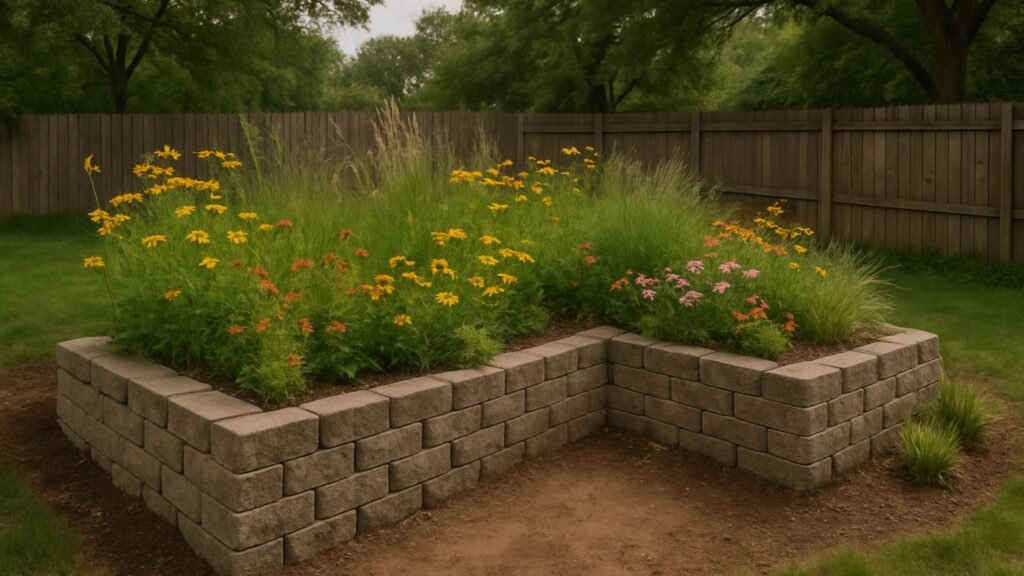 L-shaped retaining wall made of tumbled blocks forming corner bed with native wildflowers