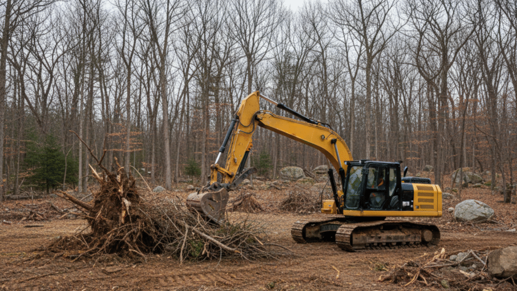 Professional excavator clearing residential land in Roxbury CT for construction preparation
