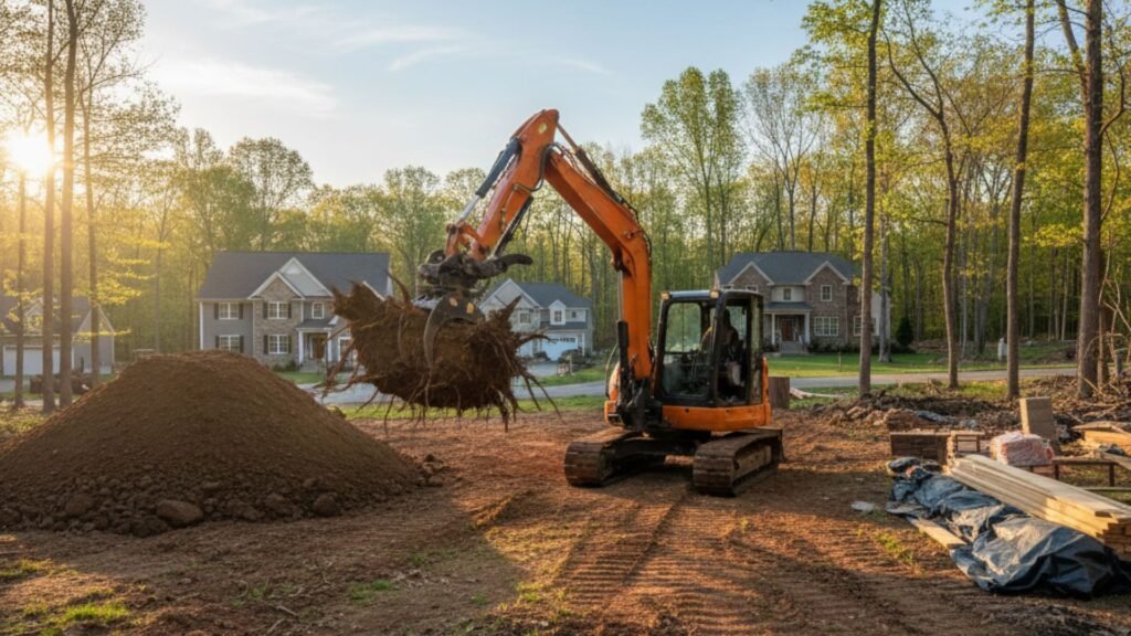 Orange excavator clearing land and removing tree roots for new home construction in Connecticut