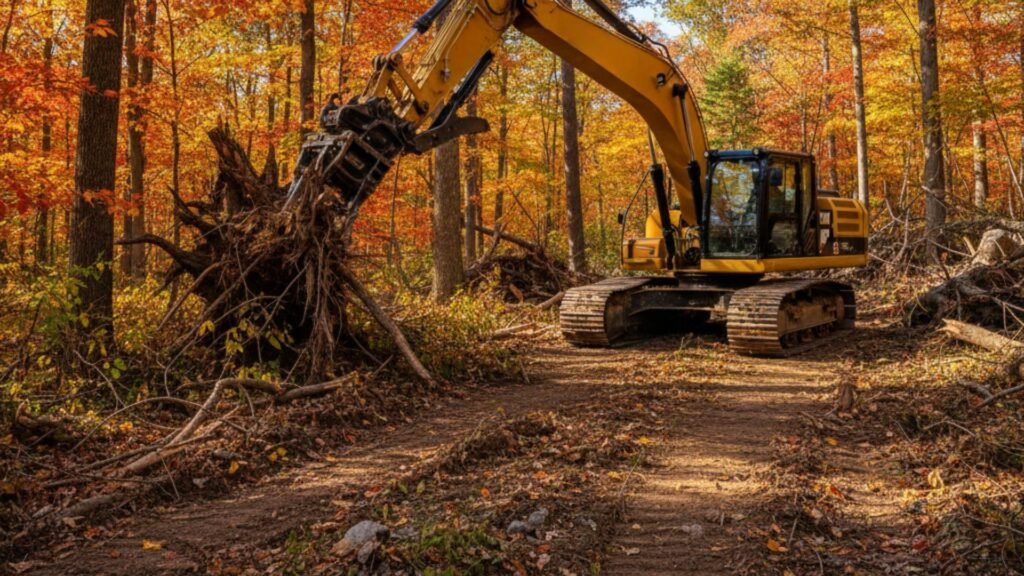 Excavator clearing wooded land with extended boom reaching toward trees and debris