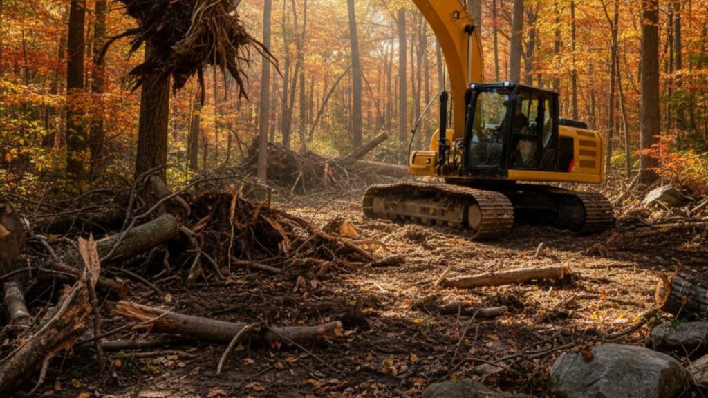 Excavator clearing wooded land with extended boom reaching toward trees and debris