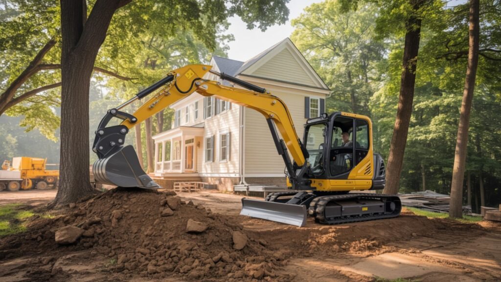 Compact excavator performing landscape grading around cream colonial house in wooded Connecticut lot