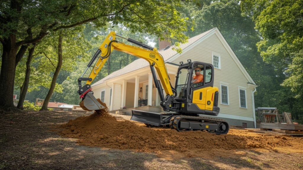 Compact excavator performing landscape grading around cream colonial house in wooded Connecticut lot
