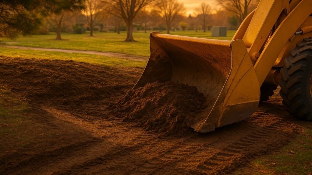Yellow front loader pushing soil to shape a suburban yard during golden hour with overcast skies.