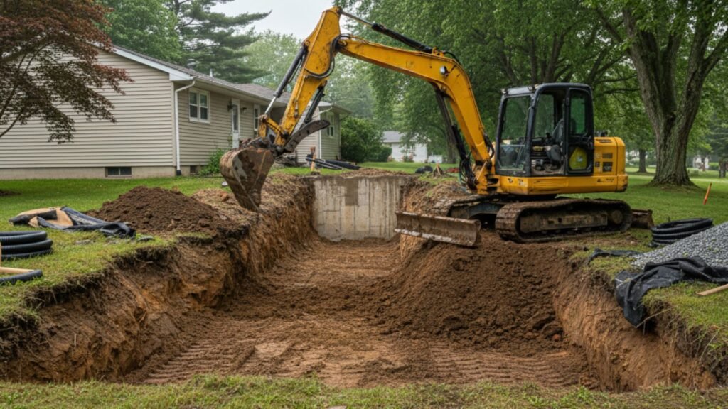 Mini excavator exposing foundation for waterproofing at Ranch home in Seymour CT