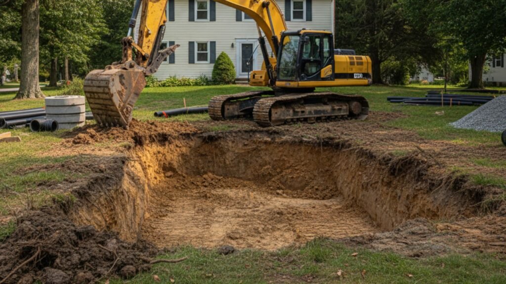 Excavator performing drainage system excavation at residential property in Seymour CT