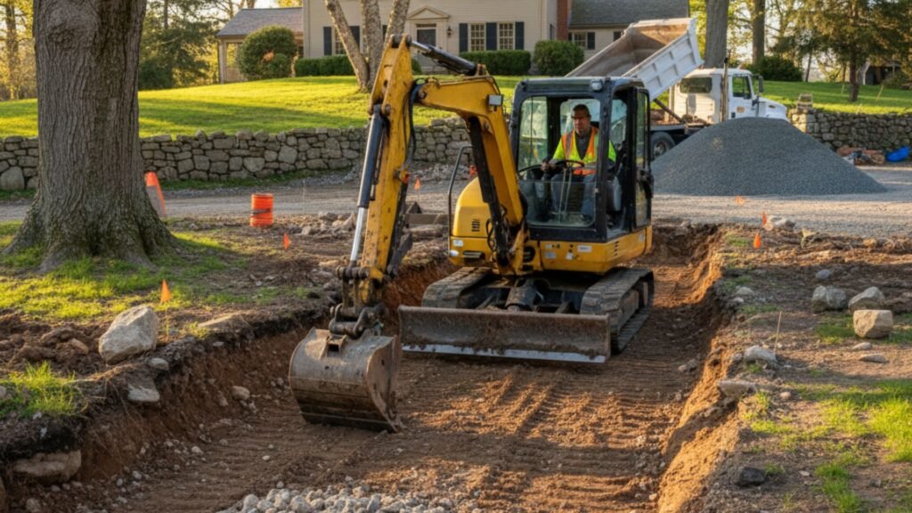 Mini excavator grading driveway subgrade at Federal style home in Southbury CT
