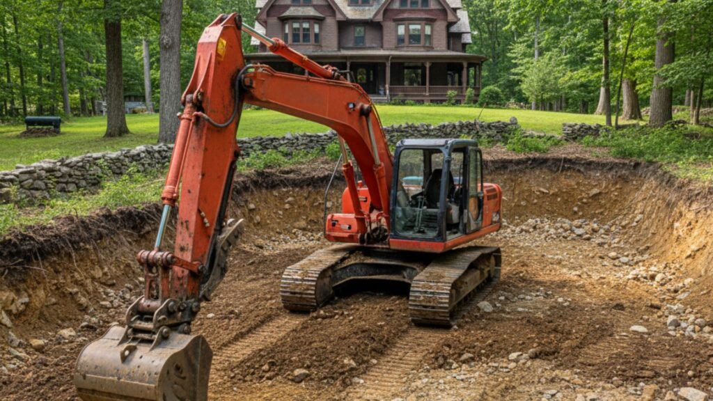 Wide view of excavation work at Queen Anne style home in Woodbury CT with mature trees