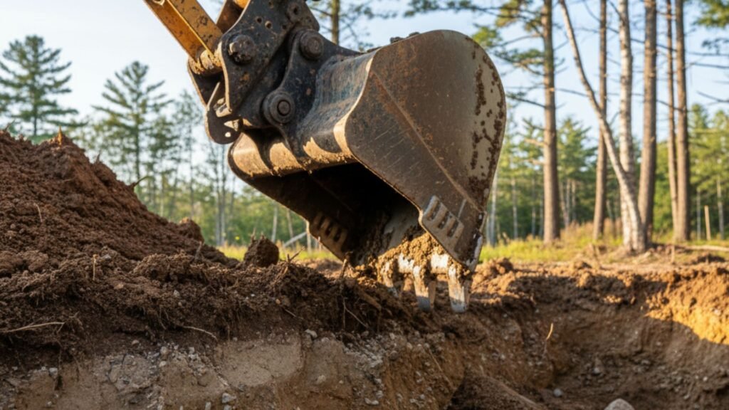 Close-up of professional excavator digging foundation in Bridgewater Connecticut soil
