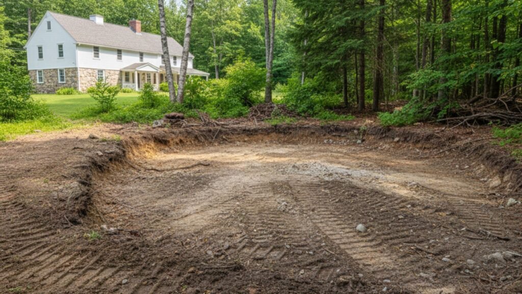 Wide excavation area at Farmhouse property in Woodbury CT with hemlock trees