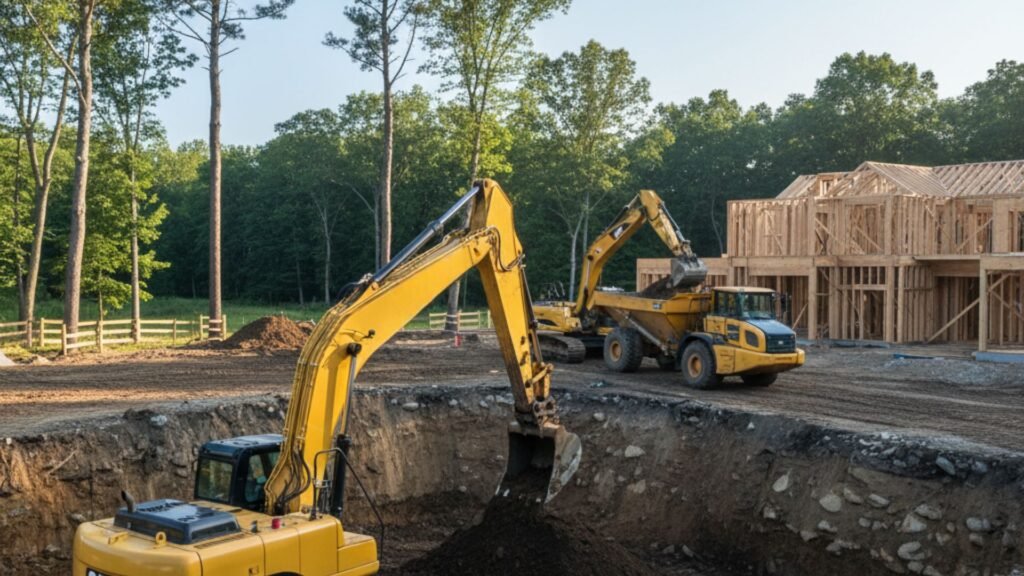 Multiple excavators and dump truck working on large foundation excavation Woodbridge CT
