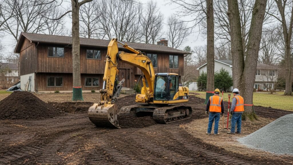 Large excavator performing final grading at split-level home in Ansonia Connecticut