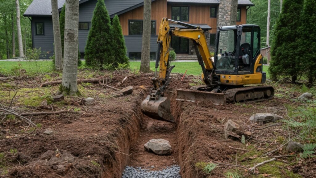 French drain trench excavation with drainage stone at contemporary Watertown CT house