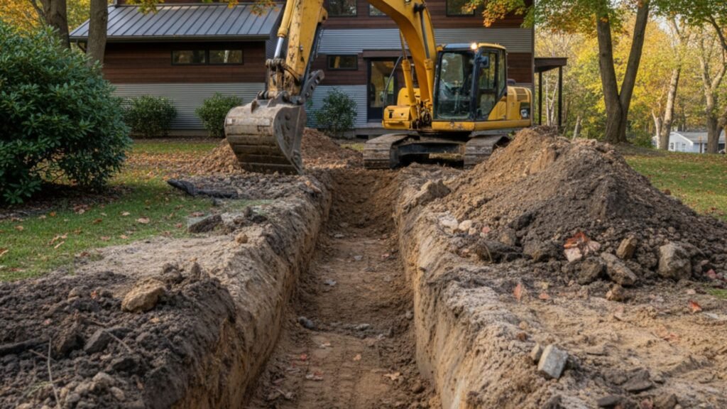 Excavator digging utility trench near contemporary house in Watertown CT with mature maples
