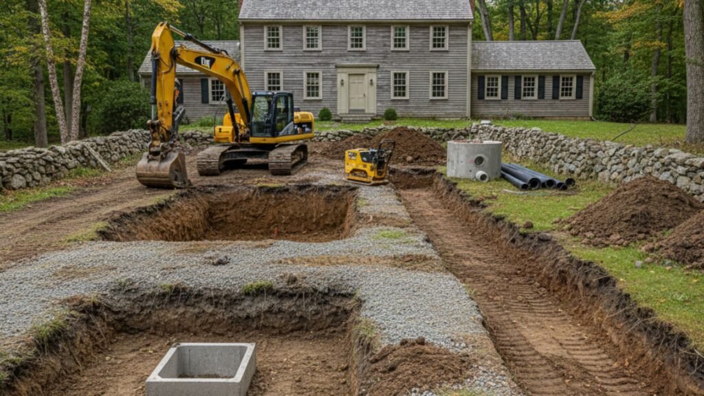 Multiple excavation areas for drainage system near colonial house in Newtown Connecticut