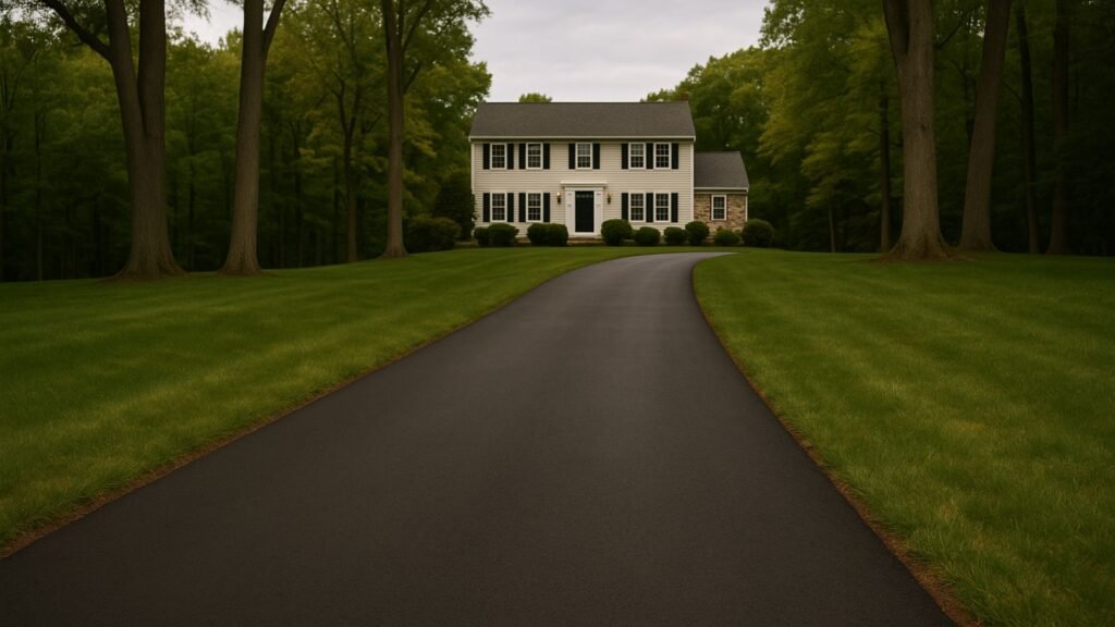 Long tapered asphalt driveway leading to colonial Connecticut home