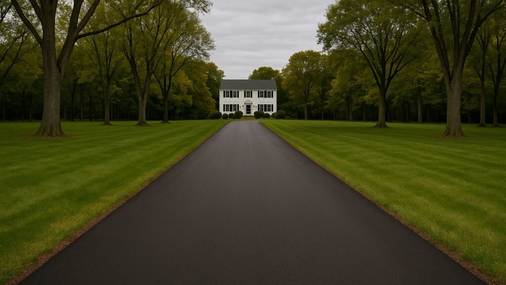 Long straight driveway heading toward distant colonial CT home
