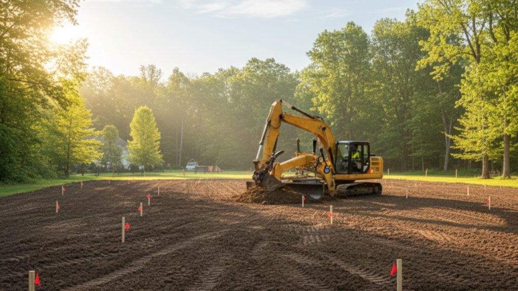 Excavator grading residential construction lot with boundary stakes visible