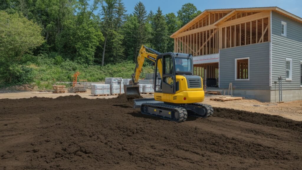 Yellow excavator performing lot preparation and soil grading for Connecticut residential project