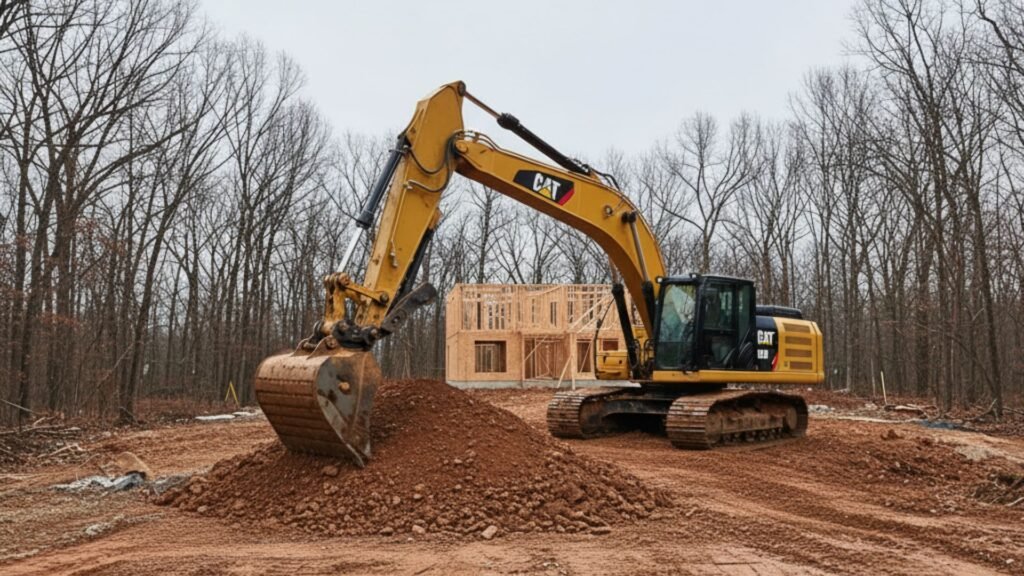 CAT excavator performing lot preparation work in Monroe CT residential area