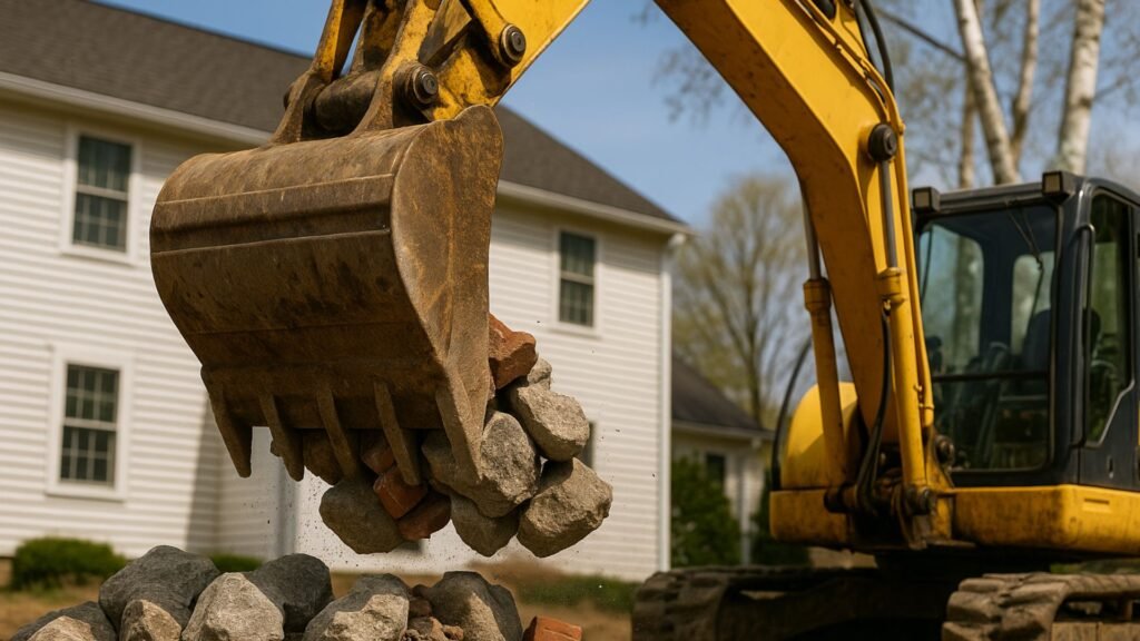 Excavator bucket lifting mixed debris in front of a CT colonial home