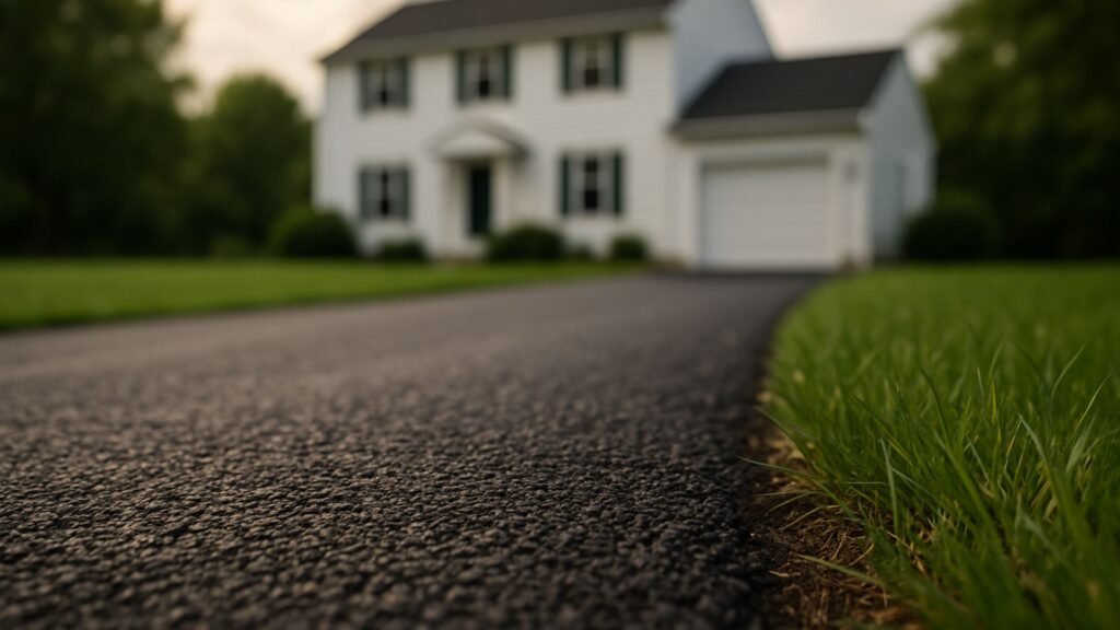 Low-angle close-up of asphalt driveway with diagonal composition and CT home blurred behind