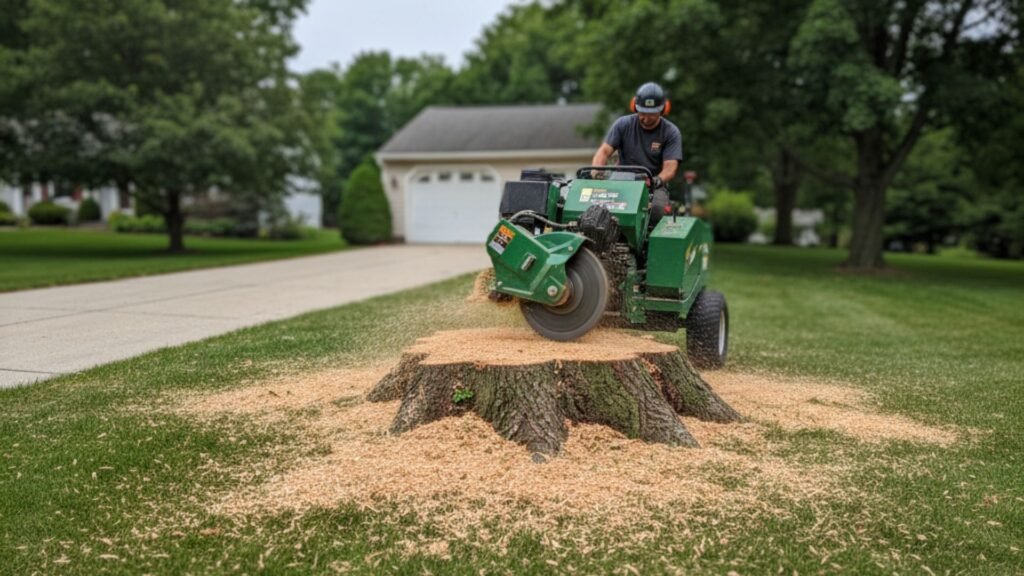Green stump grinder removing large maple stump near Connecticut home driveway