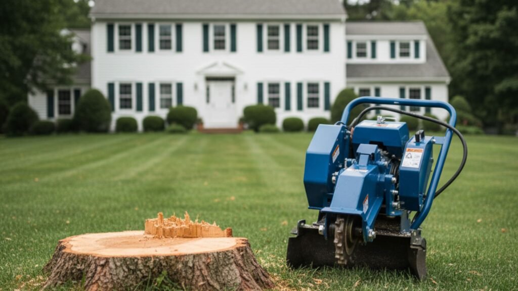Blue stump grinder next to maple stump with Connecticut colonial house in background