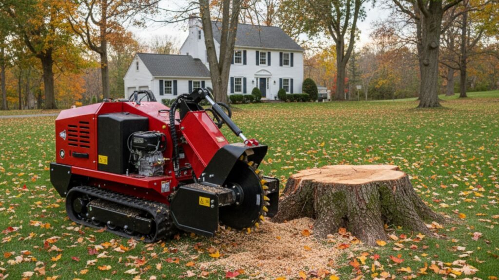 Red stump grinder ready to remove maple stump in Connecticut front yard